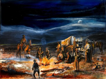 インディアナ カウボーイ Painting - ラーミング作「チャックワゴン ナイトムーンキャンプファイヤー」